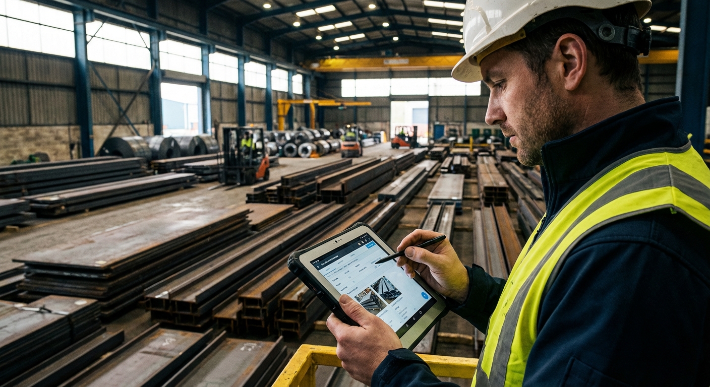 Steel stockholder checking inventory